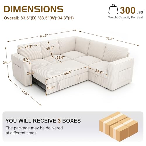 Image of 83.5 inch Corduroy Sectional Sleeper Sofa Pull Couch with Storage Beige | 5 Seat Comfy Couches for Living Room, Apartments, or Guest Spaces; Sectionals Modular Sofa Design, Comfortable Seating.
