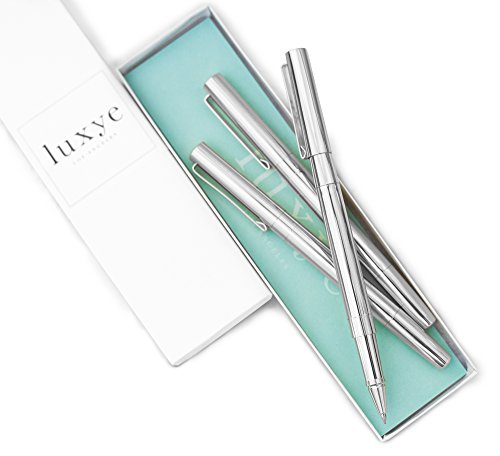 Luxye Silver Pens With Silver Pen Cap 3 Pcs Pen Set - Rollerball Metal Pens - Fine Point Black Gel Ink Cap Pens - Home Office School Supplies - In White Box For Weddings Birthdays (Silver) #TOP29