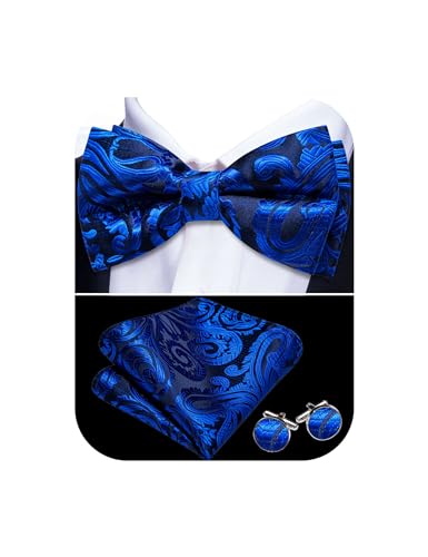 Image of Barry.Wang Paisley Striped Bow Tie for Men Silk Pre-Tied Bowtie Pocket Square Cufflinks Set Formal Wedding Party Prom