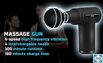 Sealy Personal Handheld Deep Tissue Mini Percussion Muscle Massage Gun, 6 Speed Settings, 4 Interchangeable Heads, 5 Hours Battery Life - Relieves Muscle Soreness and Tightness, Perfect for Athletes