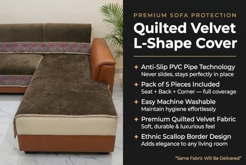 Image of KINGLY L-Shape Sofa Cover 5 Seater 3+2 Velvet Full Cover - Chocolate Brown | Fully covered quilted velvet slipcover, washable anti-slip furniture protector, L-type corner sofa cover for living room