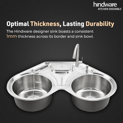 Image of Hindware Kitchen Sink 35 inchx35 inchx9 inch | 304 Grade Stainless Steel | Handmade Single Bowl Sink with Accessories includes- Soap Dispanser, Pullout Faucet, Bottle Trap Connector & Chopping Board (Octavius)