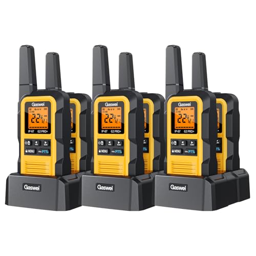 Image of Gaswei G2pro+ IP67 Waterproof Floating Walkie Talkies Long Range for Adults, Heavy Duty Walkie Talkie with Double PTT,FM Radio,SOS,NOAA Weather,VOX, Two Way Radio Rechargeable Battery(Yellow 6Pack)