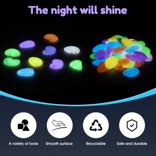 Image of Landical Large Glow in The Dark Rocks Garden Stones Night Guide Pebbles Outdoor Fish Tank Rocks Aquarium Gravel Luminous Stones for Walkway Yard Succulent Plant Decor(100 Pcs,Colorful,1.8 Inch)