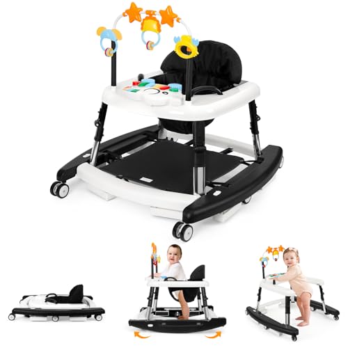 Wolfcode 5-in-1 Music and Lights Baby Walker Foldable with 5 Adjustable Heights, Baby Walker with Wheels and Bouncer Combo Portable, Infant Toddler Walker for Baby Boy Girls 6-18 Months