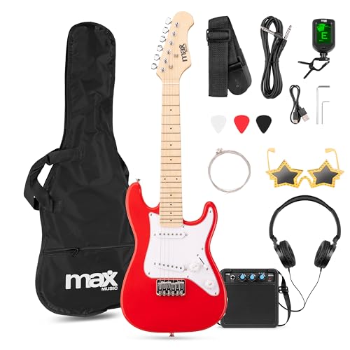 MAX GigKit Junior Guitare Électrique Enfant 1/4 Rouge avec Ampli 10W, Housse, Accessoires et Lunettes de Star, Kit Complet Débutant Garçon ou Fille (5 à 7...