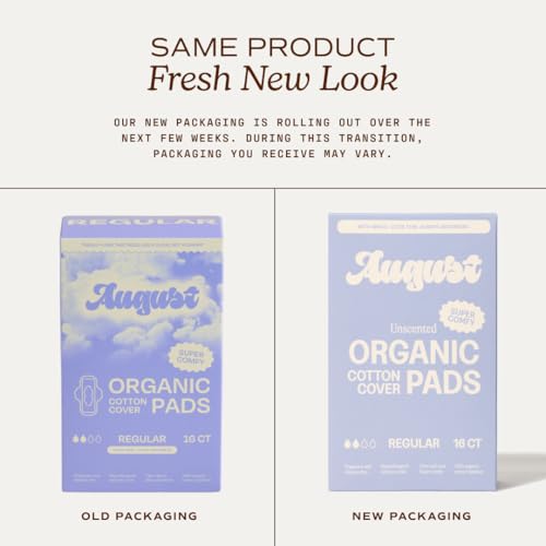 Image of August Regular Cotton Menstrual Pads, 36-Pack Ultra Thin Pads with Wings, Hypoallergenic Sanitary Napkins with Organic Cotton Topsheet, Compostable Wrappers, Toxin Free, Fragrance Free