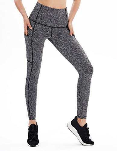 High Waist Yoga Pants, Pocket Yoga Pants Tummy Control Workout Running 4 Way Stretch Yoga Leggings (MattBlack, Large)