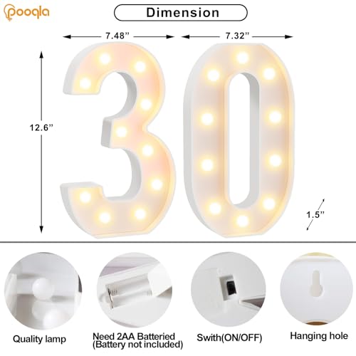 Image of Pooqla 30th Birthday Decorations for Her Him, Large 12.6 in Tall Light Up Numbers for Party Decorations Table Decor, Big Marquee Numbers 30th Birthday Gift for Women Men Wedding Anniversary Decor