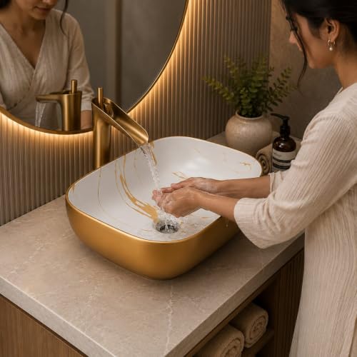 Image of Premium Designer Table Top Ceramic Wash Basin with Slim Rim, Modern Vessel Sink for Bathroom Vanity, Glossy White Countertop Basin, 18 x 13 x 5.5 Inch