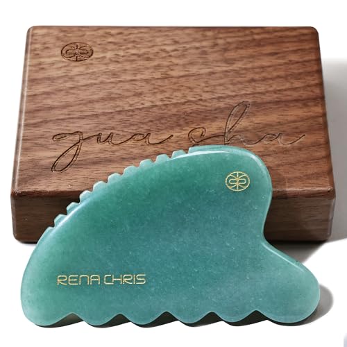 Rena Chris Gua Sha Facial Tool, Natural Jade Stone Body Gua sha with Exquisite Wooden Box, Large Guasha Suitable for Face Lifting, Puffiness Reducing and Whole-Body Massage, Skin Care Massager