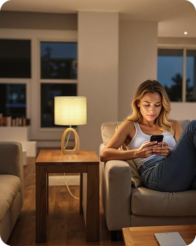 GOEBLESON Table Lamp, Wood Bedside Lamp with Ring-Shaped Base and Linen Lampshade, Modern Desk Lamp with Cable, E27 Base, 2700K LED Bulb Included, for Living Room, Bedroom, Bean Green ZMJ07TLK05N1 - Cosy Home Interiors GOEBLESON Table Lamp, Wood Bedside Lamp with Ring-Shaped Base and Linen Lampshade, Modern Desk Lamp with Cable, E27 Base, 2700K LED Bulb Included, for Living Room, Bedroom, Bean Green ZMJ07TLK05N1 - Image 4