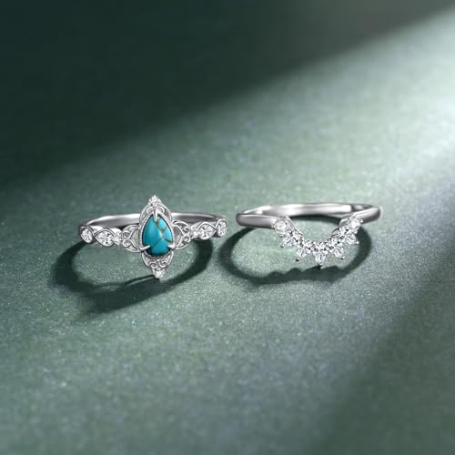 Genuine Turquoise Wedding Ring Set for Women 925 Sterling Silver Engagement Ring Sets Wedding Ring Set Real Turquoise Jewelry for Women3