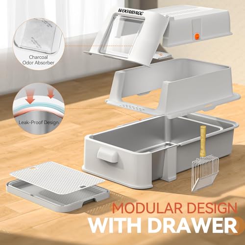 Image of Wooaidagg Enclosed Stainless Steel Cat Litter Box with Odor Control, Modular Design with Drawer and Flip Door, Easy to Clean and Wash,Non-Stick Interior,Extra Large Size Fits All Cats(Light Grey)