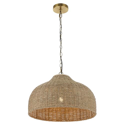 JONATHAN Y 20' Brown/Brass Gold 1-Light Rattan and Iron Dome Pendant Light, Adjustable Height...