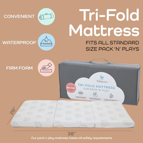 Image of Waterproof Pack and Play Mattress Topper - 38 inch x 26 inch | Trifold Style - Breathable Soft Plush Foam - Portable Playard Mattress Topper- Baby Foam Playpen Mattresses for Babies - Boho Rainbow Design
