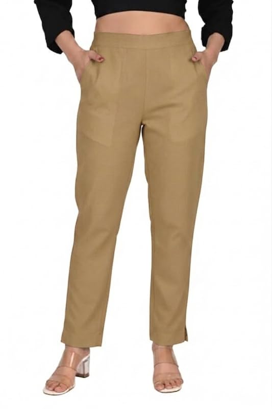 Image of Solid Cotton Woman Trousers Pants Regular Fit Kurti Pant with Drawstring Daily Office Formal Casual Use