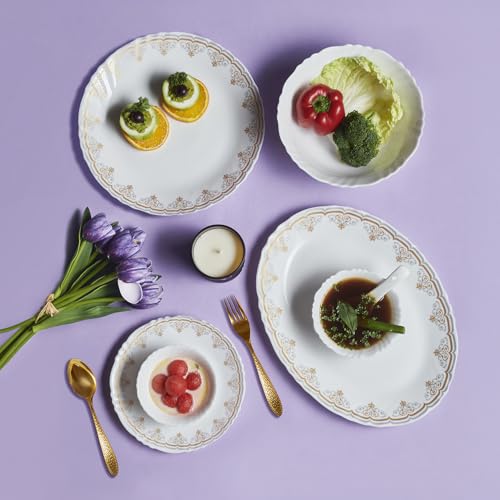 Image of CELLO Victor Imperial Plus Series Opalware Dinner Set of 33 Pieces For Family of 6 | Bone-Ash Free & Leadfree Opal Glass Microwave & Dishwasher Safe Crockery Plates & Bowls Set For Daily Use & Gifting