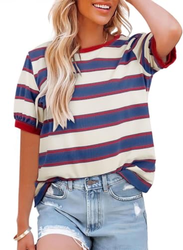 Cuptacc T-Shirt Damen Sommer Basic Rundhals Farbblock Gestreiftes Tunika Damen Weich Baumwolle Locker Große Größen Kurzarm Oberteile Weiß Blau XL