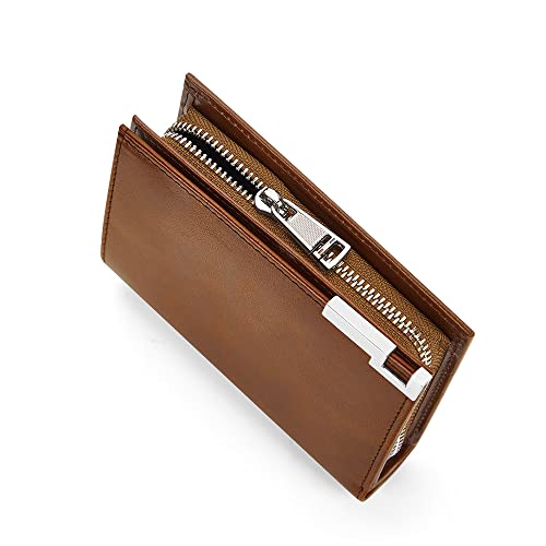 VANNANBA Oil wax Genuine Leather Men Wallet,Zipper RFID Blocking Wallet for men (yellowish brown)4