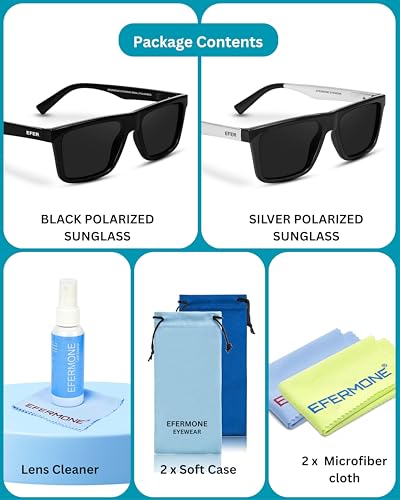 Image of EFERMONE Combo Pack of 2 Polarised Sunglasses Men Women Stylish with Lens Cleaner | TAC UV400 Protection Lens | Unisex (Medium) (2 Sunglasses with Soft Cases and Lens Cleaner)