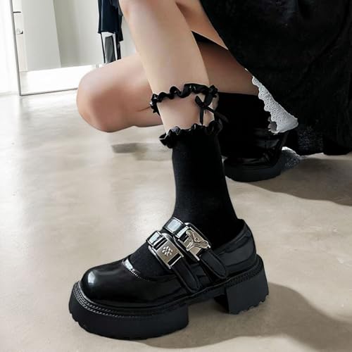 Image of Women's Ruffle Socks, 3 Pairs Lace Cuff Crew Bow Socks Cotton Frilly Calf Socks for Girls Women