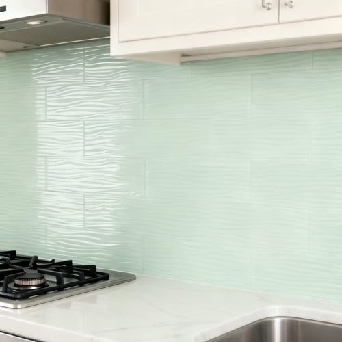 Azulejos de vidrio autoadhesivos ondulados verde claro 3x12 para renovar paredes 3