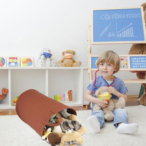 Image of XUANGUO Cotton Rope Laundry Basket Hamper for Clothes Large Rust Red | Baby Nursery Hamper Bin and Woven Storage Basket for Living Room Bedroom Boho Tall Rope Baskets Blankets Toys Pillows Towels