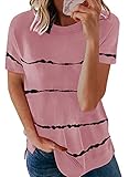 Biucly Women's Summer Casual Sexy Short Sleeve Crewneck Stripe Printed Tee Loose Tops Tshirts for Womens(Pink, Medium)