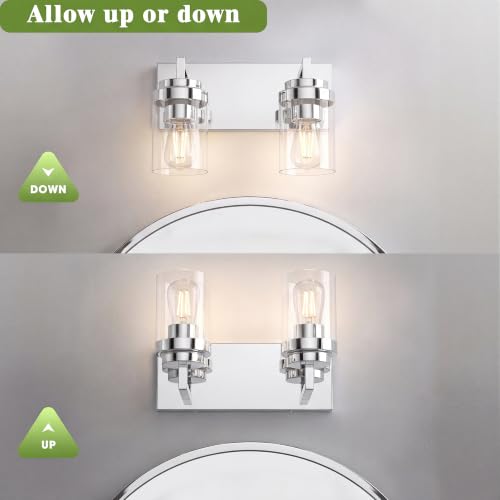 Image of Bathroom Vanity Fixtures, 2 Light Matte Chrome Vanity Light with Clear Glass Shade, 15in Farmhouse wall Light, Lighting Fixture Over Mirror for Bathroom