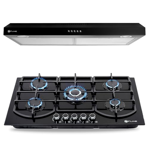 Listado de Parrilla y Campana , listamos los 10 mejores. 45 Combo parrilla de gas y campana extractora 90/80 cm | Pared Touch | Acero Negra | FLINE | VIT90BR80