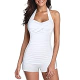 Zando Retro Bathing Suits Plus Size Bathing Suit For Women Tummy Control One Piece Boy Shorts Boy Shorts Swimsuits Plus Size Push Up Bathing Suits for Women High Waisted White 18-20