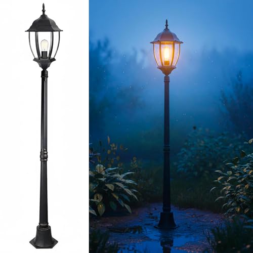 Planetitaly Lampadaire de jardin modèle New York, 1 douille E27, éclairage extérieur, cour, allée, villa, étanche, style vintage, couleur noire, hauteur : 180 cm,...