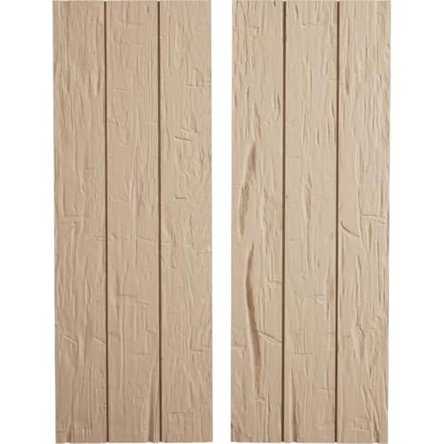 Ekena Millwork 16 1/2"W x 28"H Rustic Three Board Joined Board-n-Batten Hand Hewn Faux Wood Shutters w/No Batten (Per Pair), Primed Tan