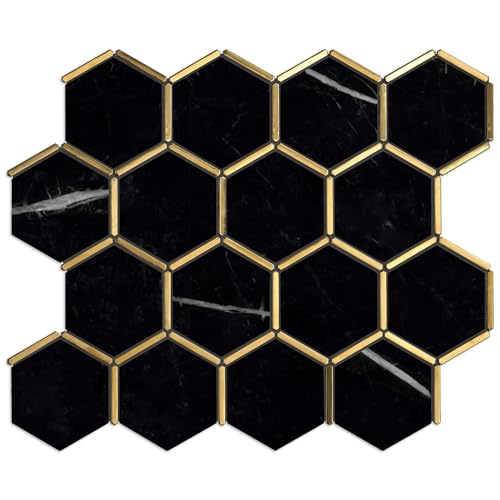 TNNGG-06 3" Honeycomb Hexagon Black and Gold Polished Marble Mosaic