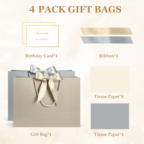 Image of JMANNI Gift Bags with Handles, 13 inch Medium Gift Bag for Presents, 4 Pcs Bags with 8 Tissue Paper and 4 Cards for Graduation Baby Shower Wedding Fathers Day Mother's Day Birthday Party(Champagne Silver)