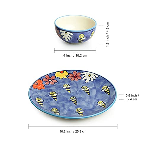 Image of ExclusiveLane 'The Bee Collective' Handpainted Ceramic Plates for Dinner Set Ceramic Dinner Plate with Katoris (8 Pieces, Serving for 4, Dishwasher & Microwave Safe) - Ceramic Bowl Dinnerware Set