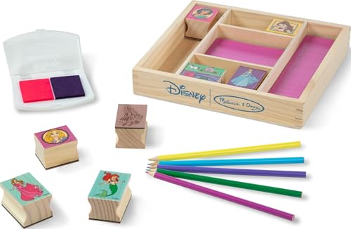 Image of Melissa & Doug Disney Princess Wooden Stamp Set: 9 Stamps, 5 Colored Pencils, and 2-Color Stamp PadDisney Princess Coloring, Stamps with Washable Ink, for Kids Ages 4+