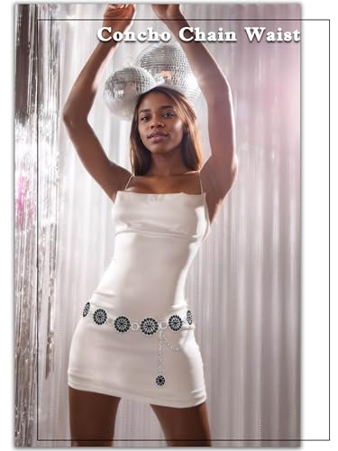 Image of Turquoise Belt Silver Western Chain Belt, Cowgirl Concho Style with Turquoises Embellishment for Women (Sunflower Mix-Black, Fits low waist 31-35''(47'' total))