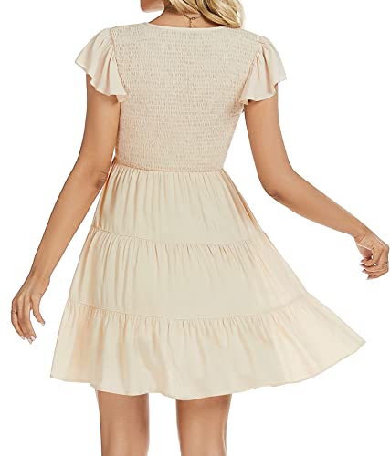 Funlingo Womens Summer Casual Flutter Short Sleeve Smocked Dresses V Neck Flowy Tiered Mini Dress Beige Medium #TOP4