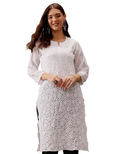 Image of Ada Lucknow Chikankari Hand Embroidered Faux Georgette Kurta Kurti Tunic Dress for Women A95504