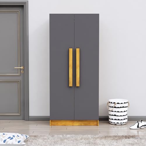 Image of Bniture 2 Door Wardrobe for Bedroom | Almirah for Clothes with 4 Shelves | Spacious Storage Cupboard for Bedroom | Wooden Wardrobe (46D x 80W x 182H CM) | 3 Years Warranty | Giant Wood & Slate Grey