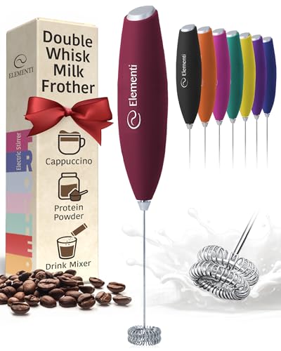 Image of Elementi Milk Frother Wand - Easy to Use Handheld Electric Stirrer for Powder Drinks, Durable & Powerful Coffee Whisk & Protein Powder Mixer Wand, Hand Frother, Coffee Stirrers Electric (Burgundy)