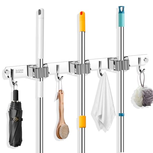 Dmikcav Mop and Broom Holder Wall Mounted, 3 Racks and 4 Hooks Broom, Upgraded Stainless Steel Broom...