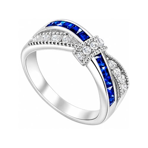 FlameReflection 1 Ct Blue Sapphire Crystal Promise Engagement Ring September Birthstone Cubic Zirconia Ring for Women White Gold Plated Size 5