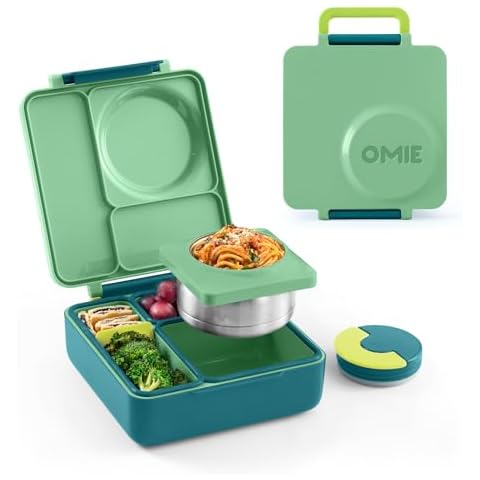 Omie OmieBox Bento Box for Kids - Insulated Lunch Box with Leak Proof Thermos Food Jar - 3 Compartments, 2 Temperature Zones - (Meadow) (Single) Cover