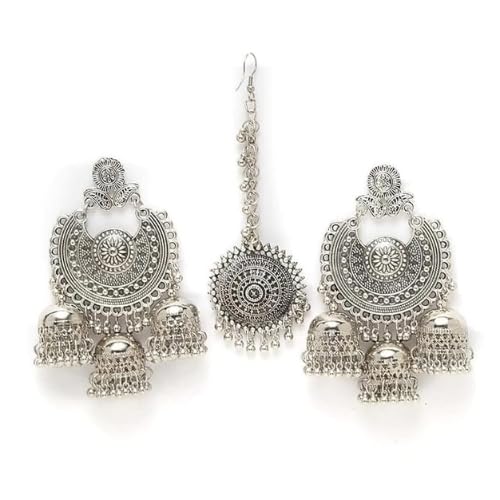 Posh Glimmer Stylish Trending Afgani Kashmiri Tribal Jhumka Oxidised Silver Bahubali Chandbali Earring With Maangtika-Set of 1 (B0DHDF7SWX) Amazon Price History, Amazon Price Tracker