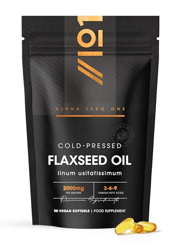 Flaxseed Oil 2000mg 90 Vegan Softgels Cold-Pressed with Omega 3-6-9 Pure & Potent Linum Usitatissimum - Resealable and Recyclable Pouch by Alpha01