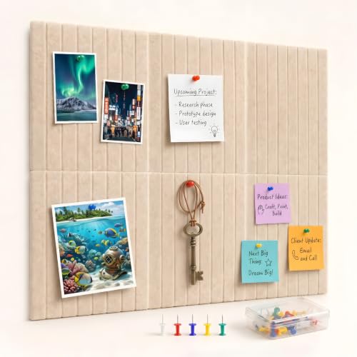 Image of Amzon Basics 6-Piece Felt Bulletin Board, 30 x 30 cm Self-Adhesive Wall Panels with 50 Push Pins, Felt Notice Board for Notes, Photos, Reminders and Schedules - Beige