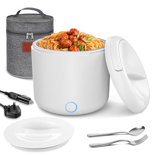 Herrfilk 100W Electric Lunch Box Food Heater, 1.2L Thermal Lunch Box with Insulated Lunch Bag, Spoon and Fork, Heated Lunchbox with 230V Home/Office &12V 24V Car/Truck Cables, Gifts for Dad, Driver